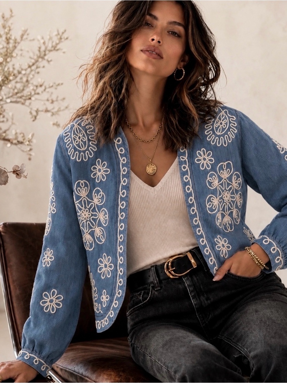 New🌺$398 Johnny Was Soutache Bolero Jacket Denim Indigo Cotton Embroidered L